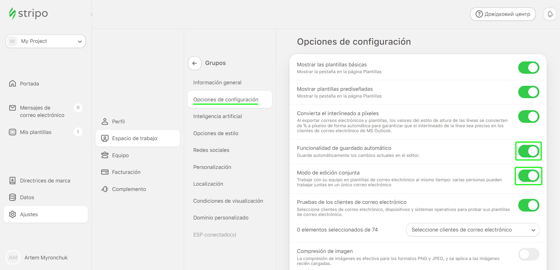 Opción de configuración para Autoguardado y Coedición