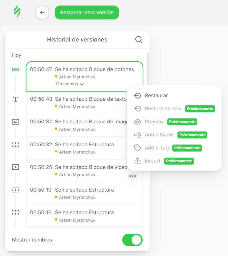 Configuración en el historial de versiones