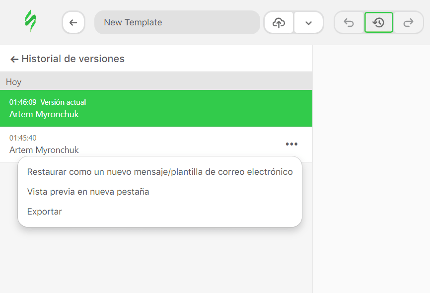 Configuración de la versión anterior en el historial de versiones