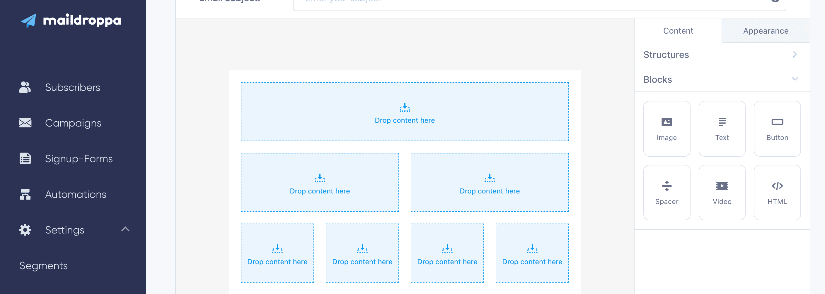 L'éditeur d'e-mail de Maildroppa basé sur le plugin Stripo