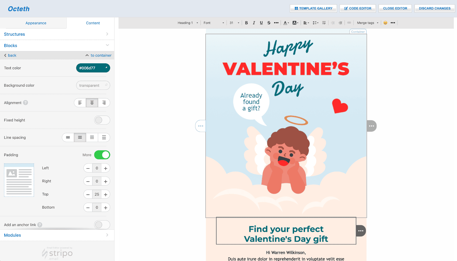 Редактор писем Octeth на базе плагина Stripo