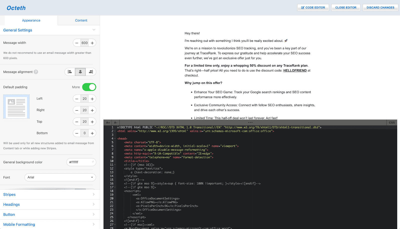 Как работать с HTML в редакторе писем Octeth
