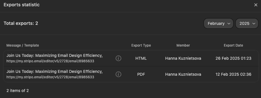 Export statistics on the Home page
