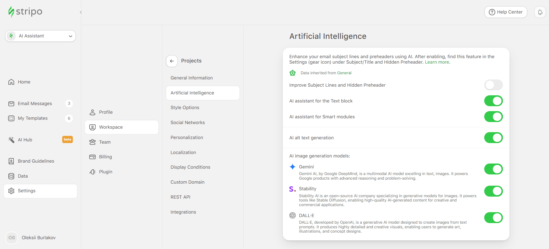 AI alt text and image generation settings