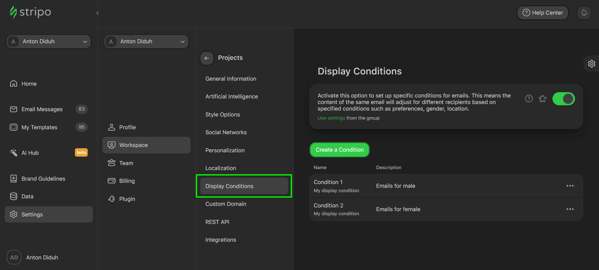 Display conditions settings
