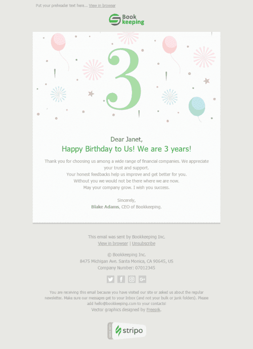 Thank You Email Template "3 Years Together" for Finance industry mobile view
