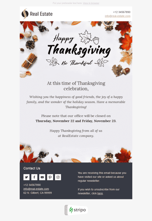 Thanksgiving Day Email Template "Wonderful Time" for Real Estate industry mobile view