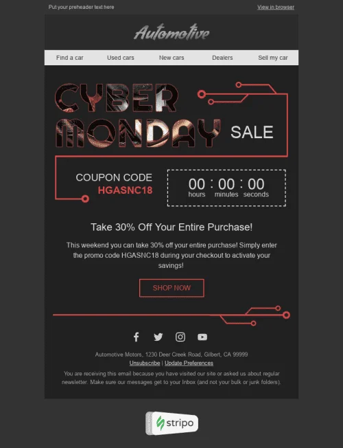 29742-Stripo-Transportation-Car-Holiday-newsletter-Cyber-Monday-Super-Sale-email-web