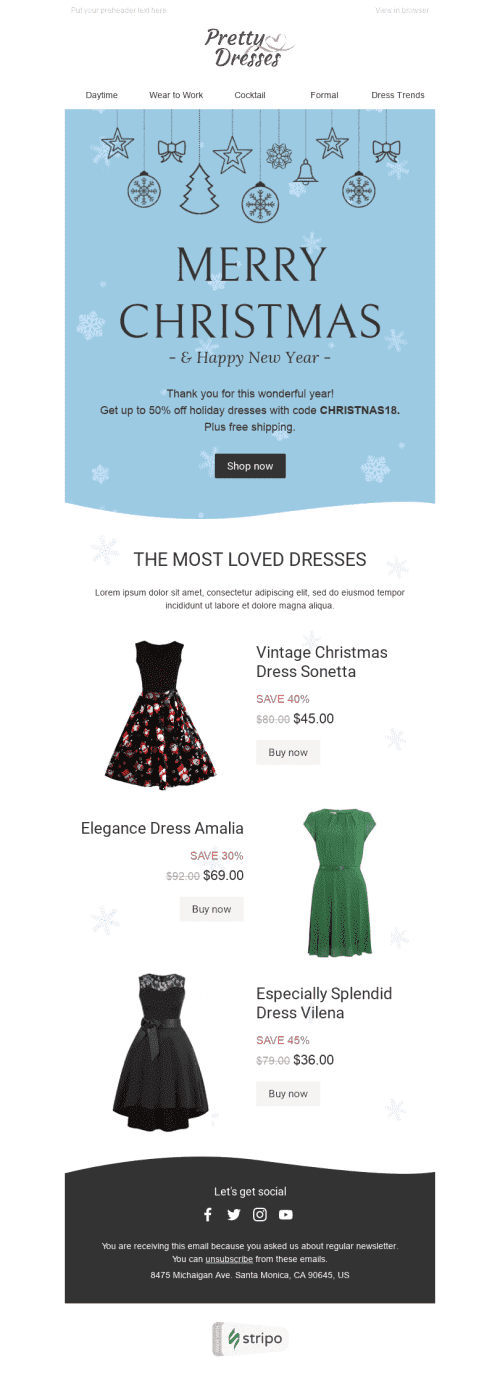 Christmas Email Template "Snowfall" for Fashion industry desktop view Christmas Email Template "Snowfall" for Fashion industry desktop view