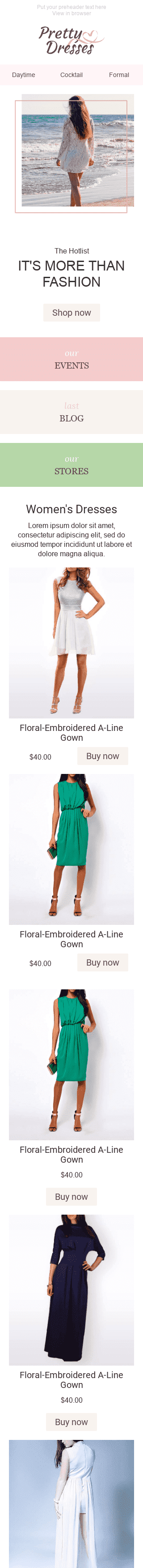 Promo Email Template "Pretty Dresses" for Fashion industry mobile view