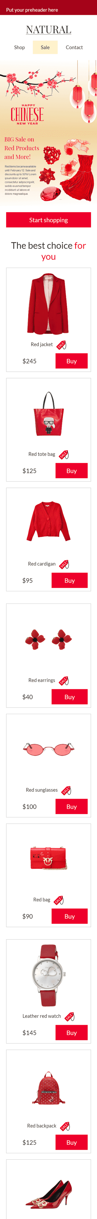 Chinese New Year Email Template "Sale on red" for Fashion industry mobile view Chinese New Year Email Template "Sale on red" for Fashion industry mobile view