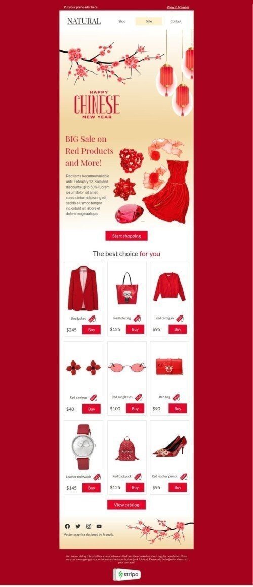 Chinese New Year Email Template "Sale on red" for Fashion industry desktop view Chinese New Year Email Template "Sale on red" for Fashion industry desktop view