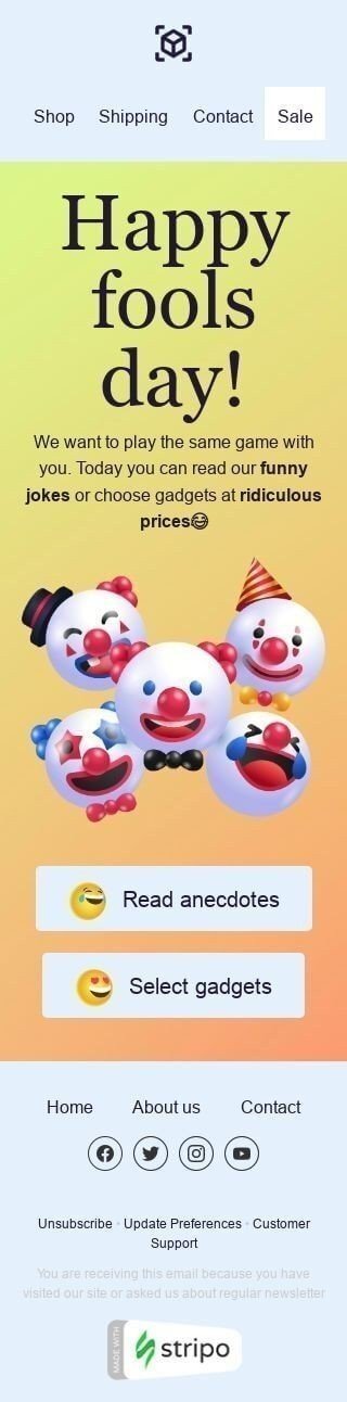 April Fools' Day Email Template «Funny jokes» for Gadgets industry mobile view April Fools' Day Email Template «Funny jokes» for Gadgets industry mobile view