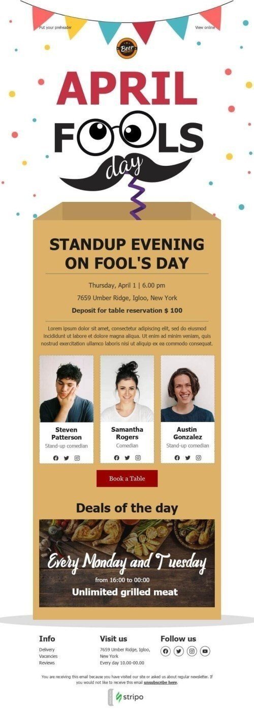 April Fools' Day Email Template «Standup evening» for Food industry desktop view April Fools' Day Email Template «Standup evening» for Food industry desktop view