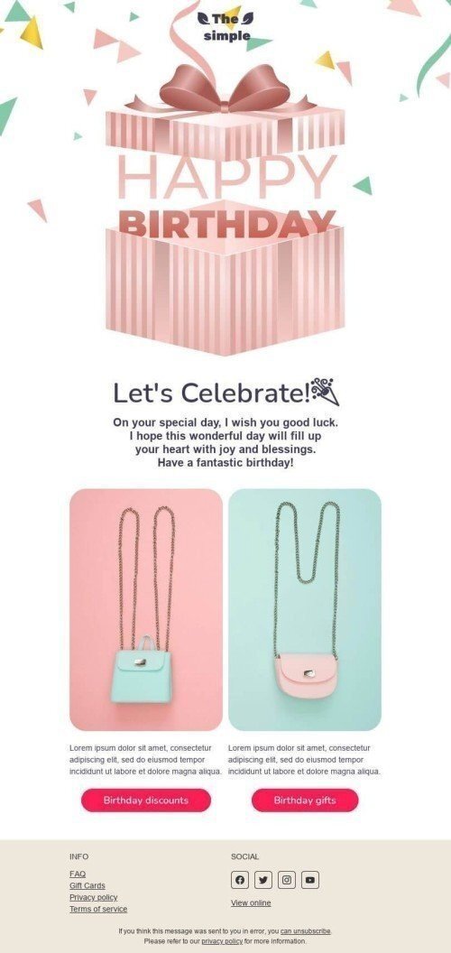 Birthday Email Template «Let's celebrate» for Fashion industry desktop view Birthday Email Template «Let's celebrate» for Fashion industry desktop view