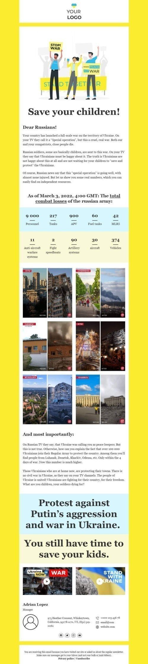 The "War in Ukraine: True facts and numbers. You still have time to save your children” email template mobile view
