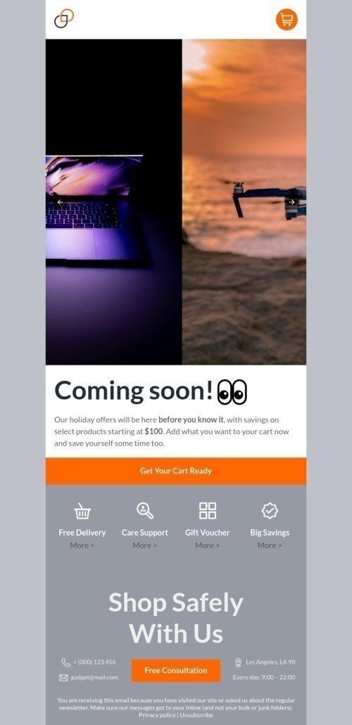 Announcement Email Template "Get your cart ready" for Gadgets industry mobile view