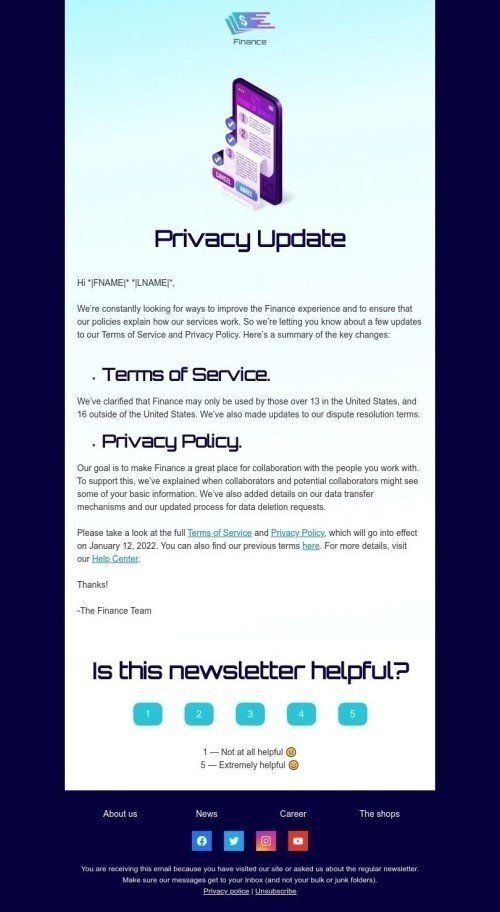 Terms of Service Email Template "Privacy Update" for Finance industry mobile view