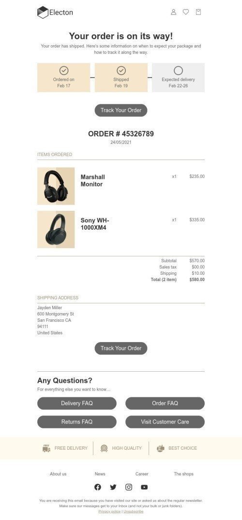 Delivery Email Template "Order is on its way" for Gadgets industry mobile view