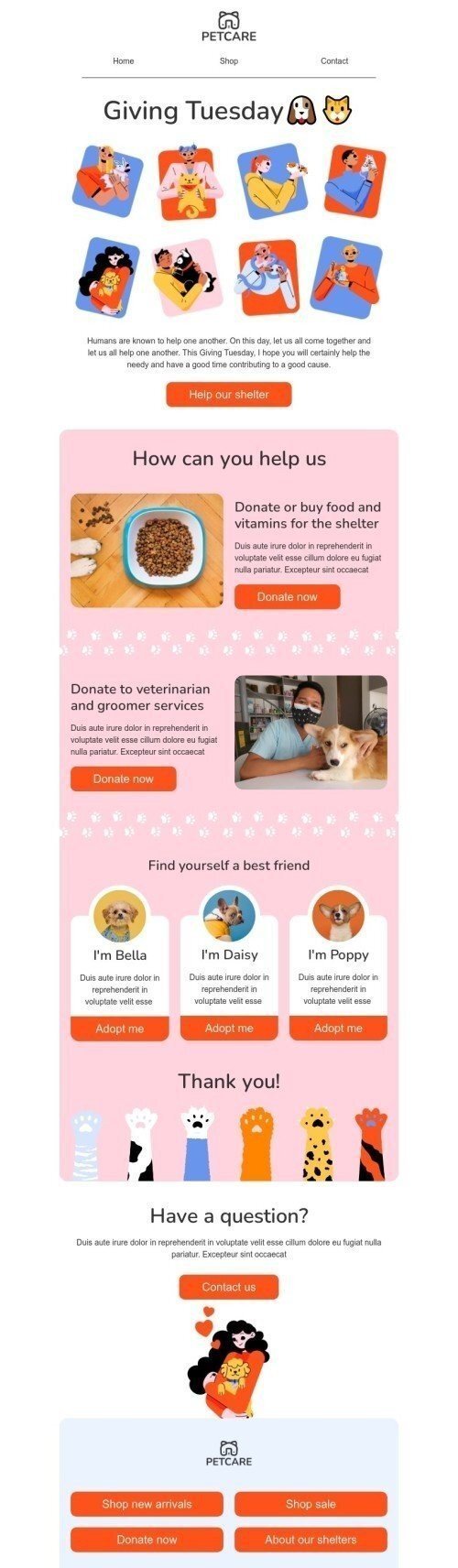 Giving Tuesday email template "Help our shelter" for pets industry mobile view