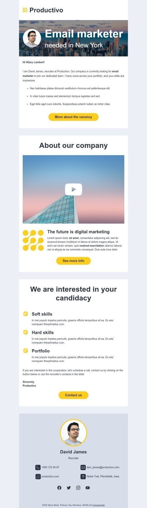 Promo email template "Email marketer needed in New York" for business industry mobile view