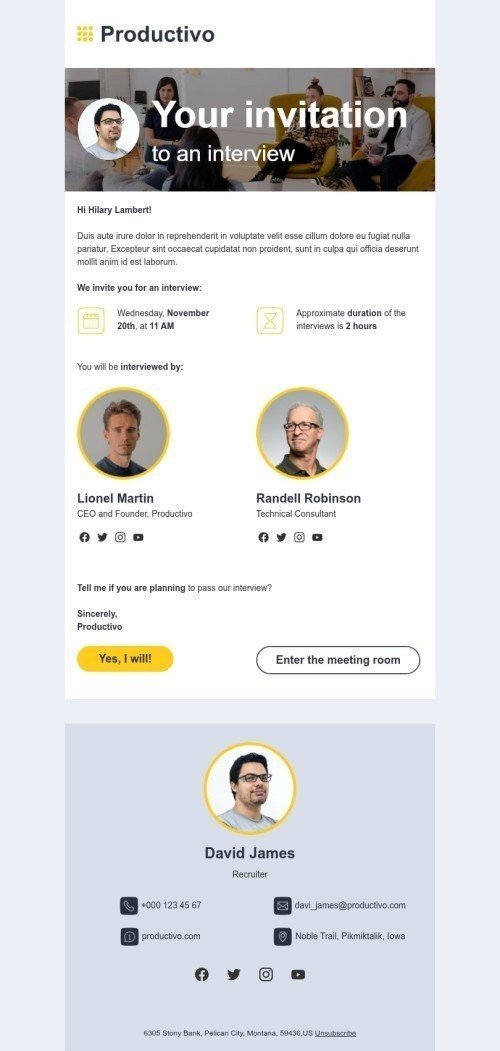 Promo email template "Your invitation  to an interview" for business industry mobile view