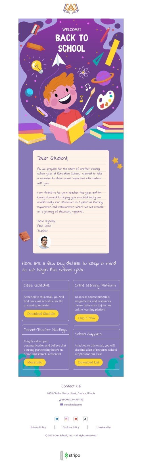 Back to school email template "Important information inside" for education industry mobile view