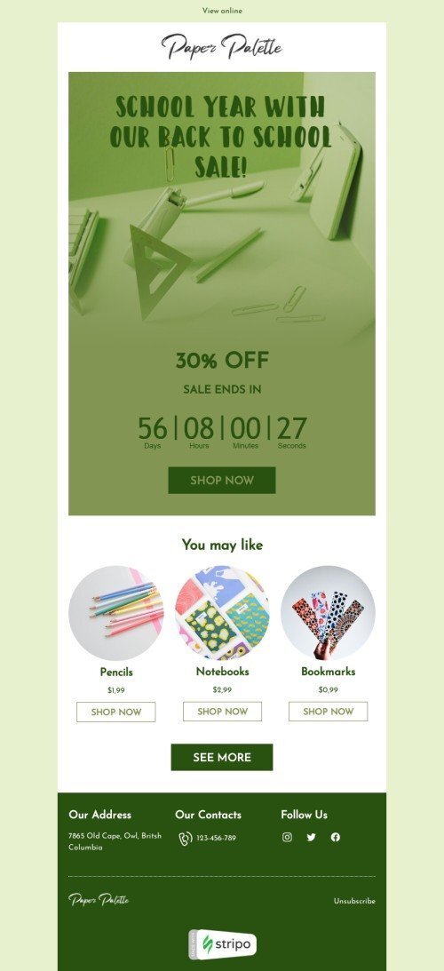 Back to school email template "Stationery items" for books & presents & stationery industry mobile view