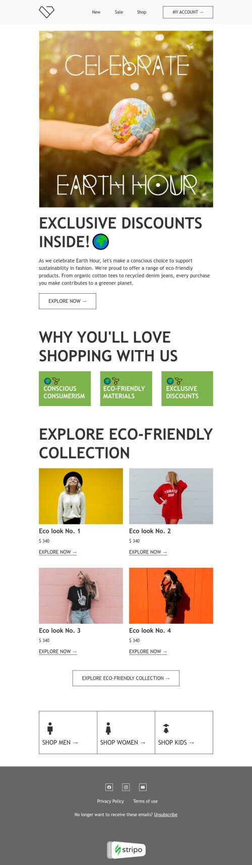 Earth Hour email template "Eco-Friendly collection" for fashion industry mobile view