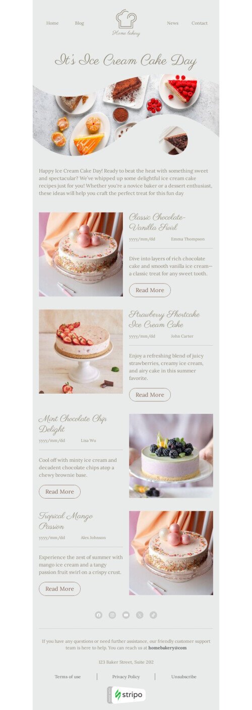 Ice Cream Cake Day email template "Something sweet" for baking industry mobile view