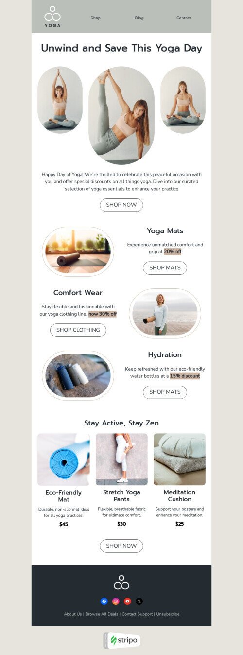 Day of Yoga email template "Stay active" for sports industry mobile view
