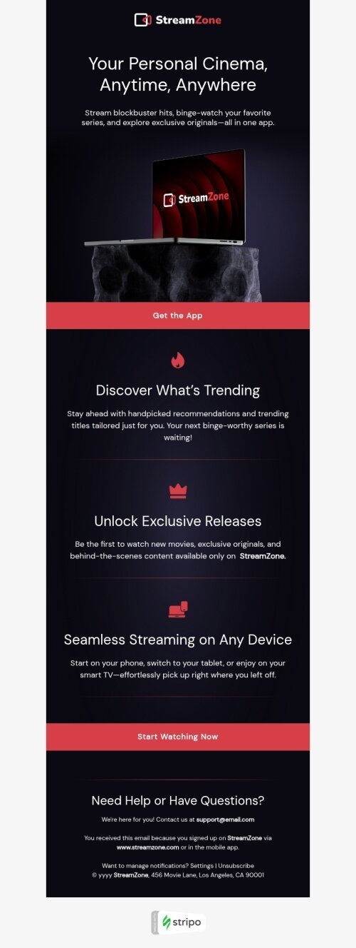 App install email template "Your personal cinema" for mobile applications industry mobile view