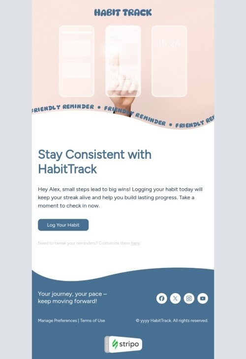 Activity reminder email template "Friendly reminder" for mobile applications industry mobile view