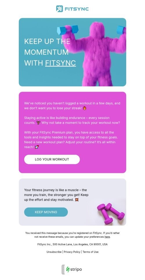 Activity reminder email template "Keep moving" for mobile applications industry mobile view