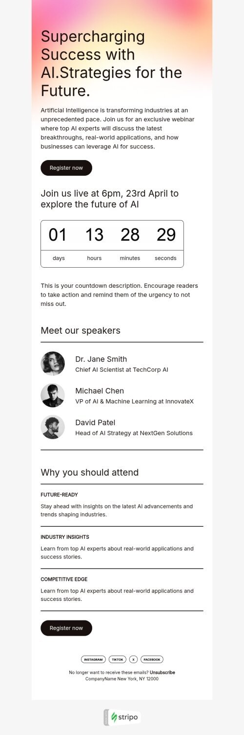 Event reminder email template "Supercharging success with AI" for webinars industry mobile view