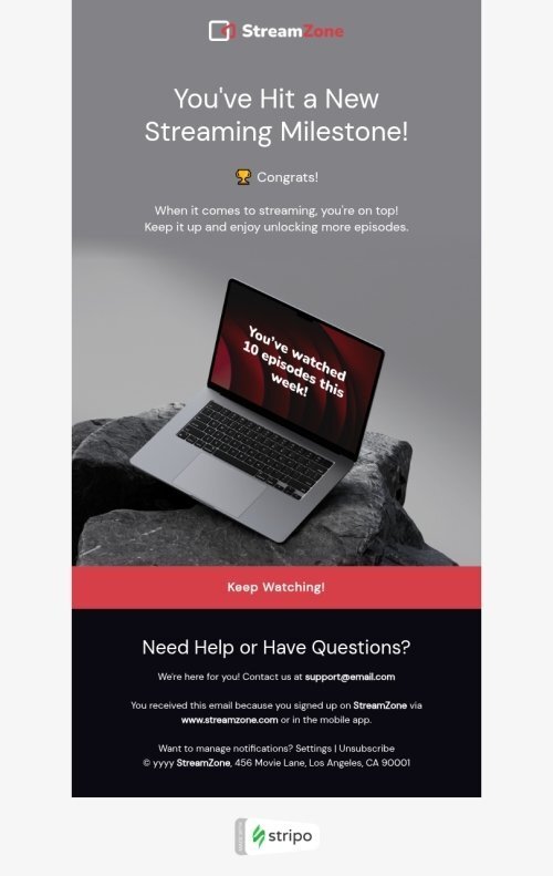 Milestone celebration email template "New streaming milestone" for movies industry mobile view