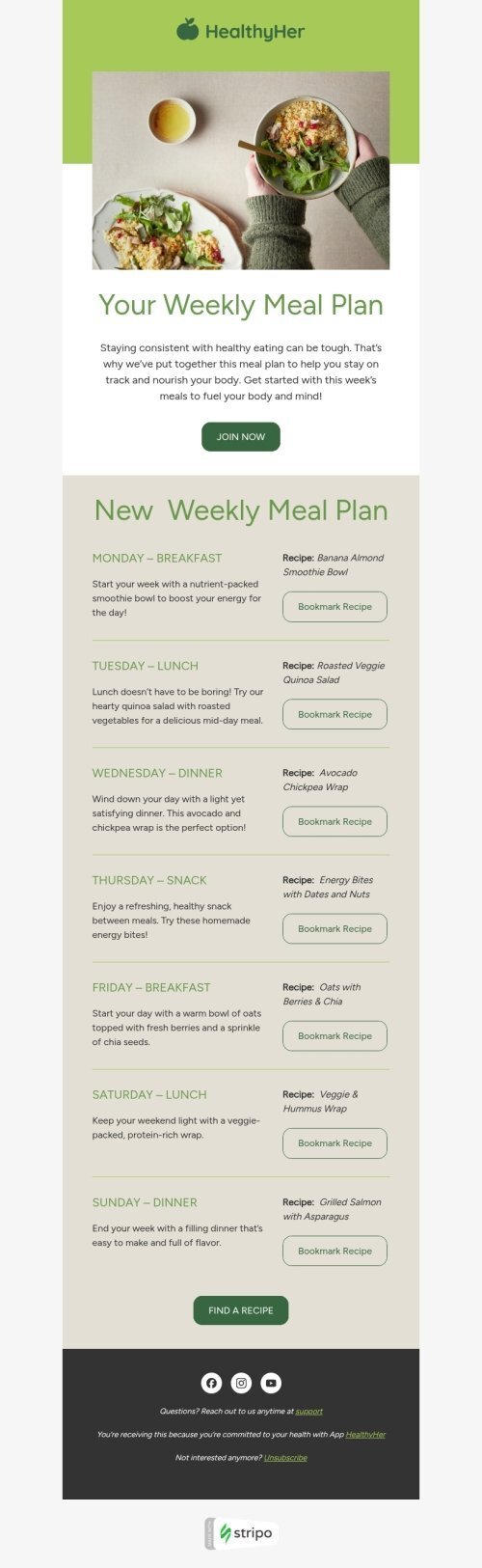 Streak maintenance email template "Weekly meal plan" for food industry mobile view