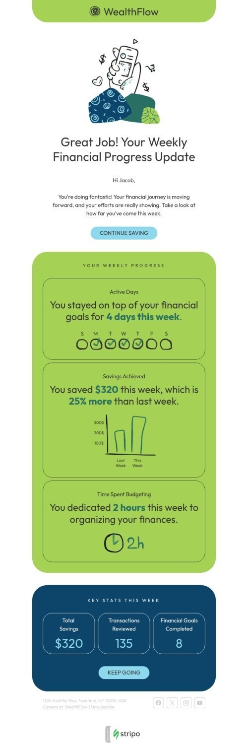 Streak maintenance email template "Financial progress update" for finance industry mobile view