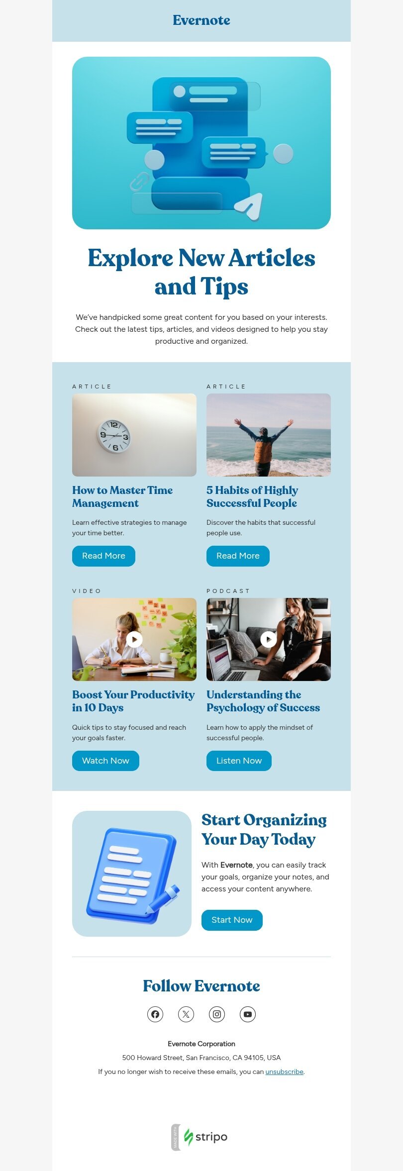 Content discovery email template "New articles and tips" for education industry mobile view